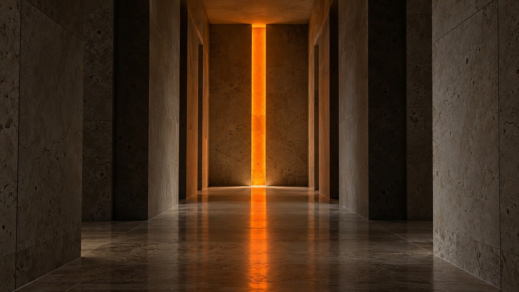 A limestone corridor ending in a vertical slot of orange light, reflected in the floor