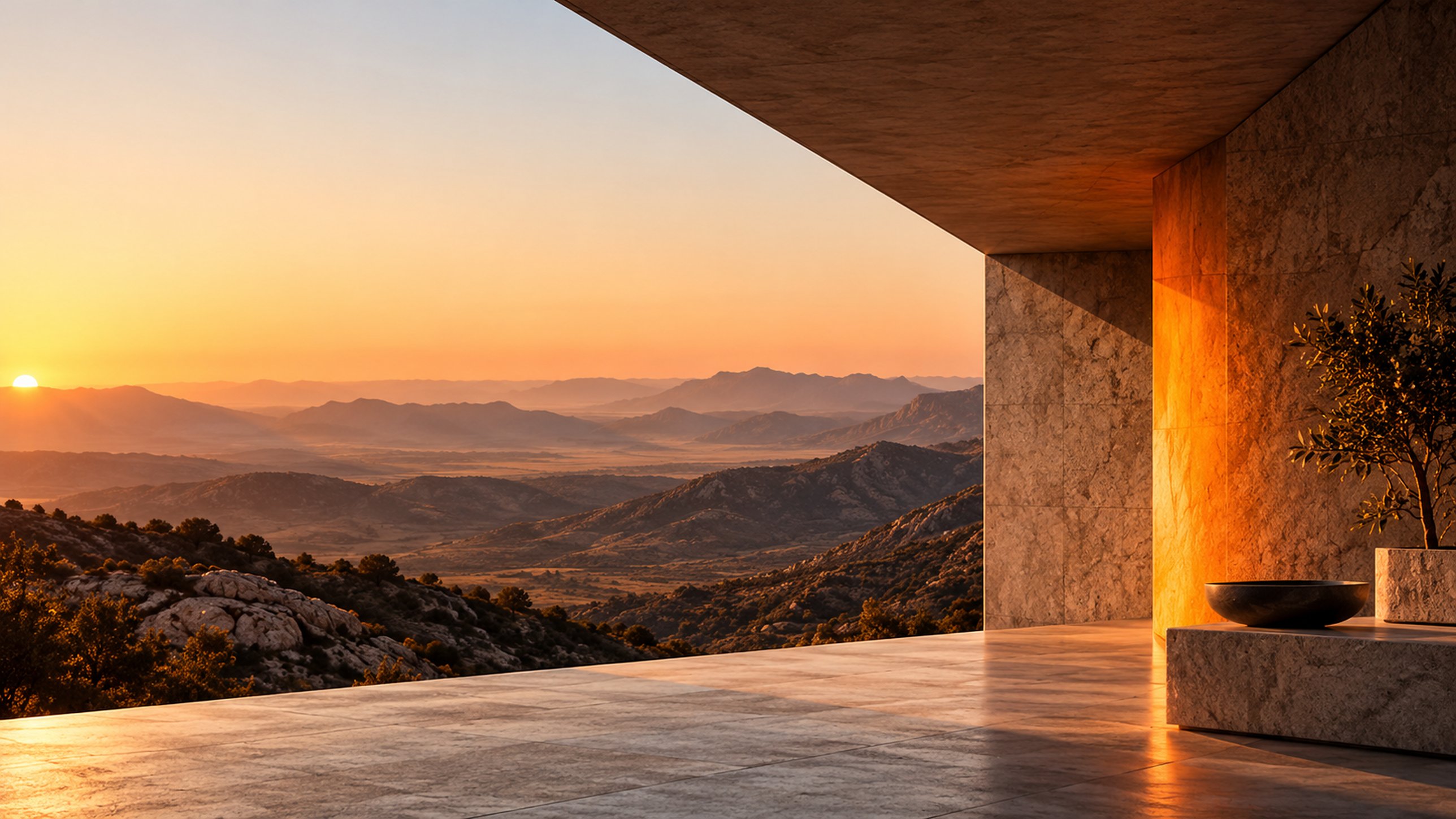 A stone terrace at sunset above a valley, the wall beneath the overhang lit orange