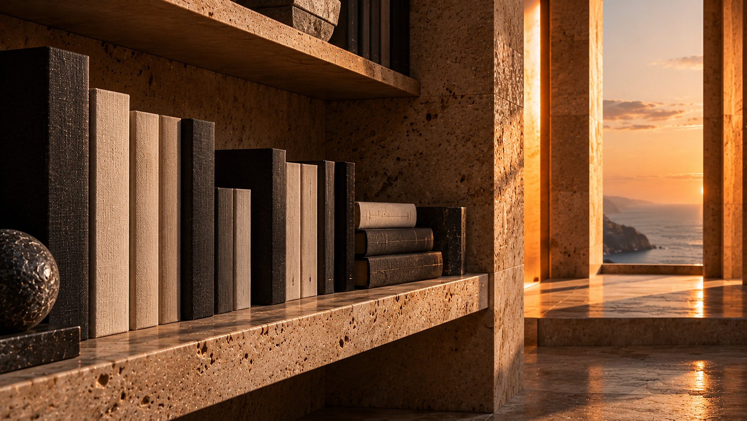 Bound volumes on a stone shelf, a lit opening beyond