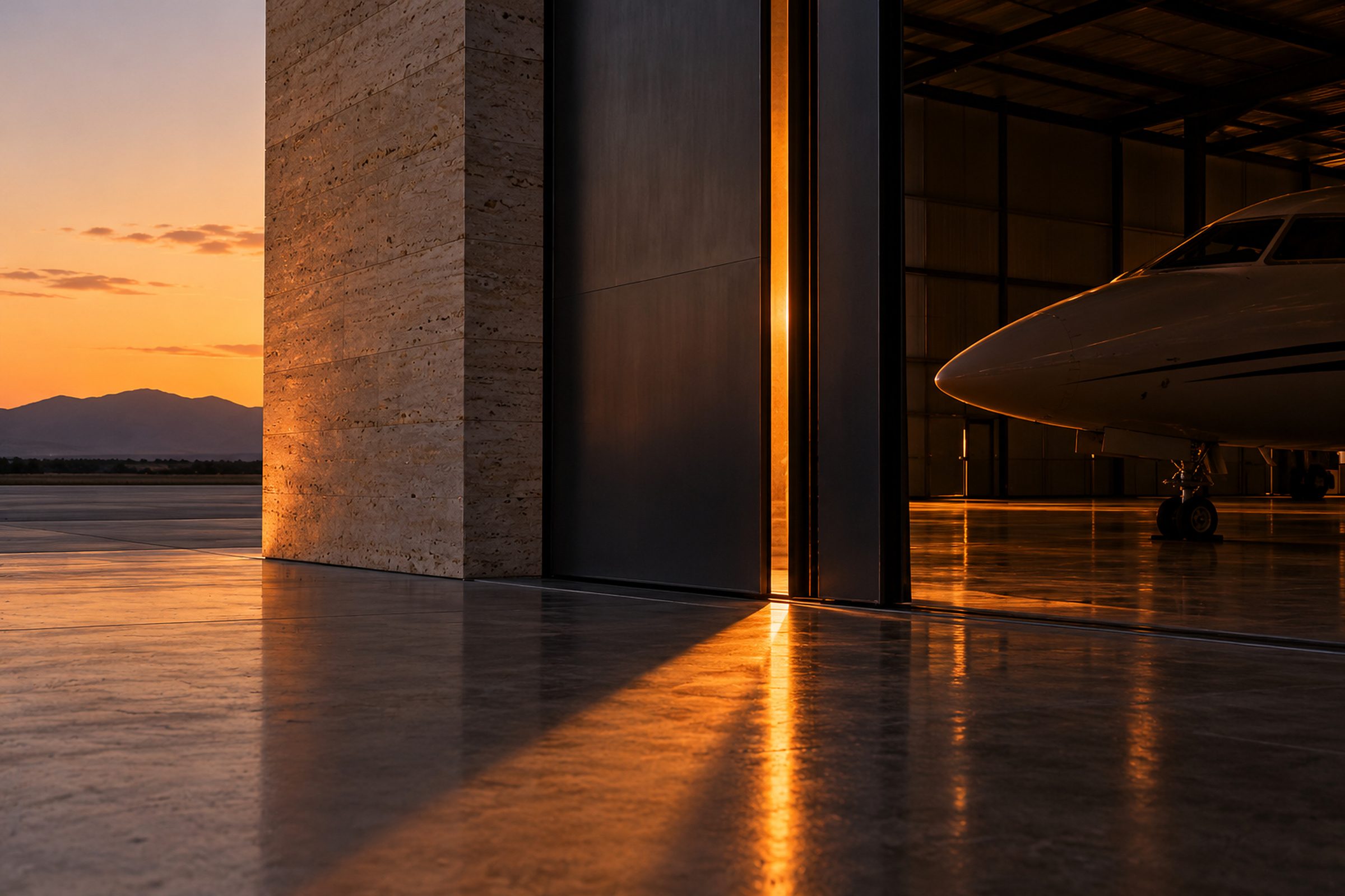 A hangar door open a hand’s width at dusk, a slot of warm light across the floor and the nose of an aircraft in shadow beyond